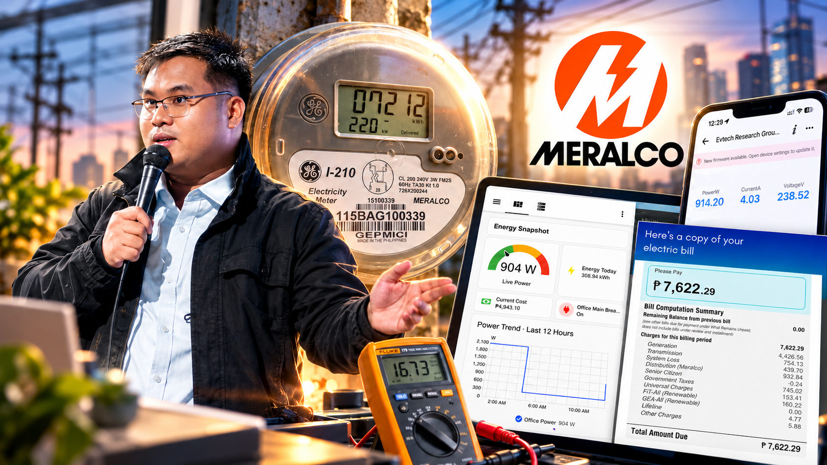 Earl Daniel Villanueva comparing a Meralco electricity meter with an independent IoT power-monitoring dashboard, electric bill, and digital multimeter.
