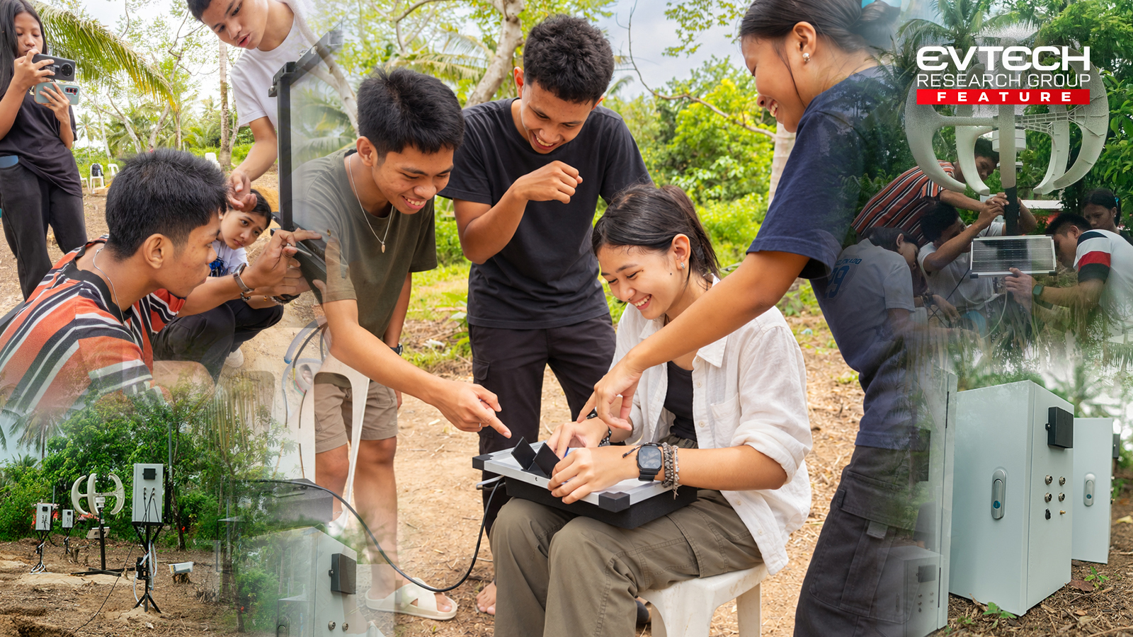 Student researchers from Moreno Integrated School laugh as they test the TERRA-Volt soil monitoring device at their field site, with a wind turbine behind them.